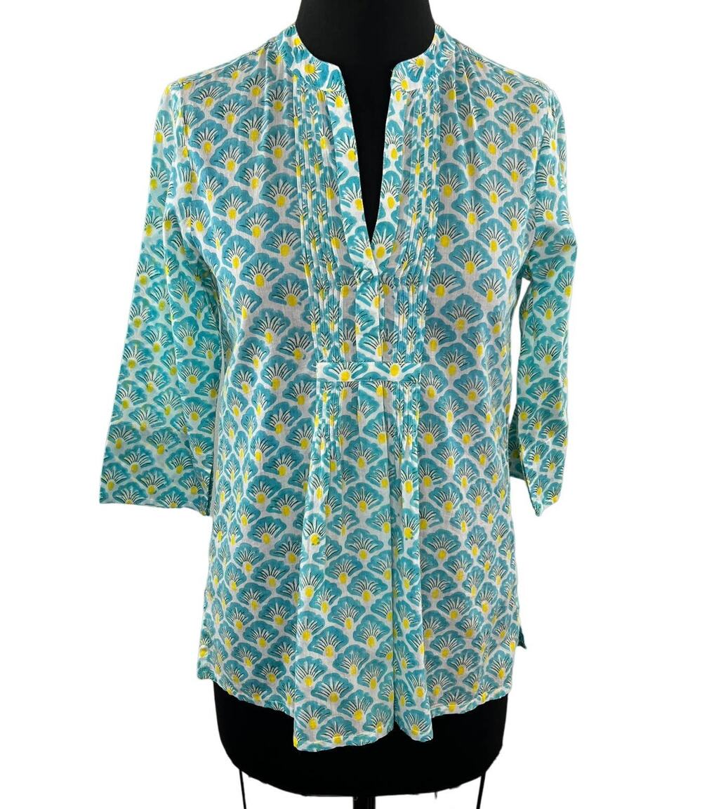 Roberta Roller Rabbit Green White Yellow Print Pintuck Cotton Tunic Top Size XS